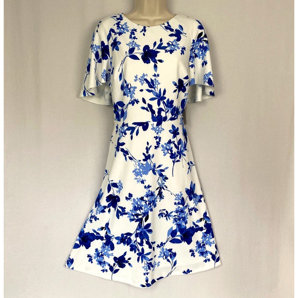 Lauren Ralph Lauren Dresses & Skirts - Ralph Lauren Dress Womens 8 Floral Midi Cobalt Blue Toile White Garden Party NEW